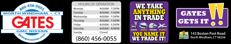 Gates Buick GMC Nissan of North Windham is here to serve Mansfield, Hartford and Connecticut customers for new and used car financing, auto parts, and service.